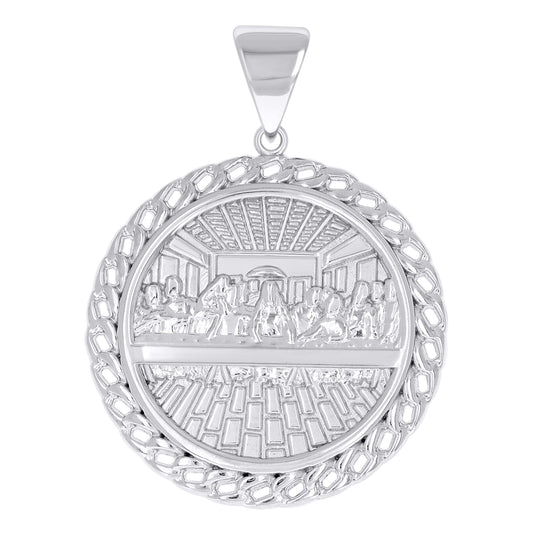 Sterling Silver Mens Cuban Border Last Supper Religious Pendant