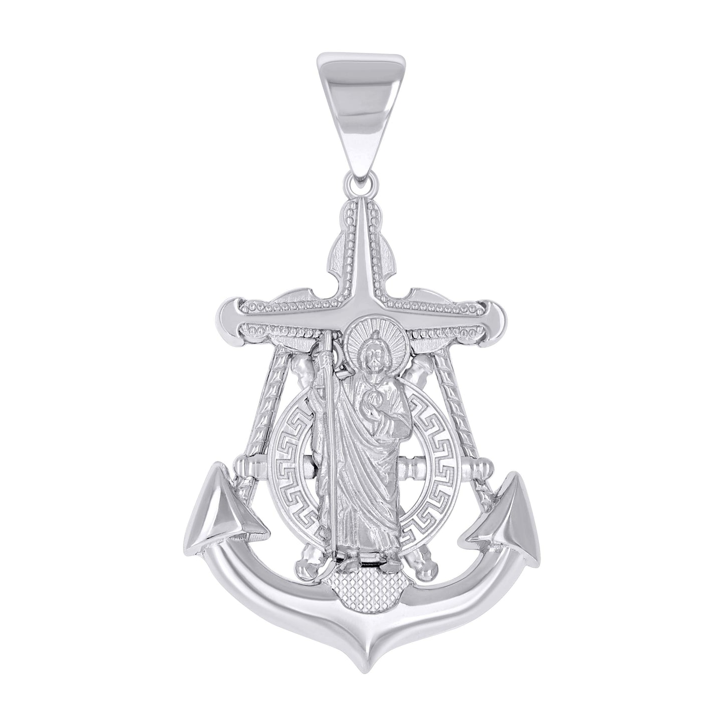 Sterling Silver Mens Greek Key Anchor Ship Wheel St, Jude Cross Religious Pendant