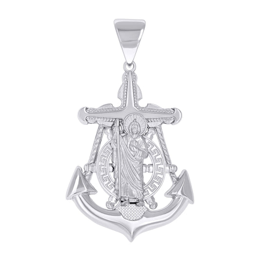 Sterling Silver Mens Greek Key Anchor Ship Wheel St, Jude Cross Religious Pendant