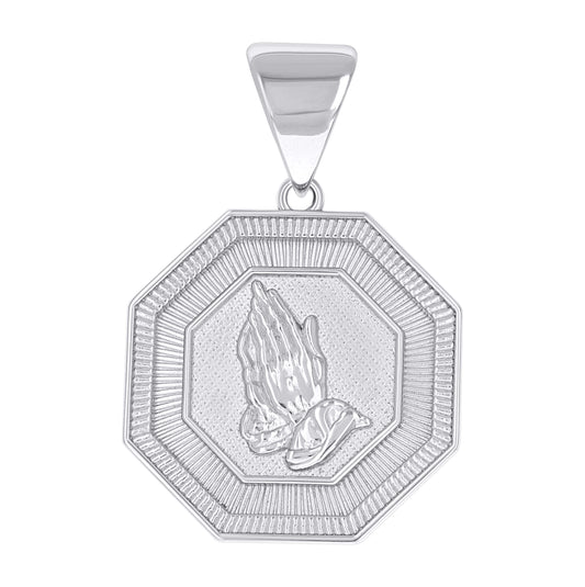 Sterling Silver Unisex Octagon Praying Hands Symbol Religious Pendant