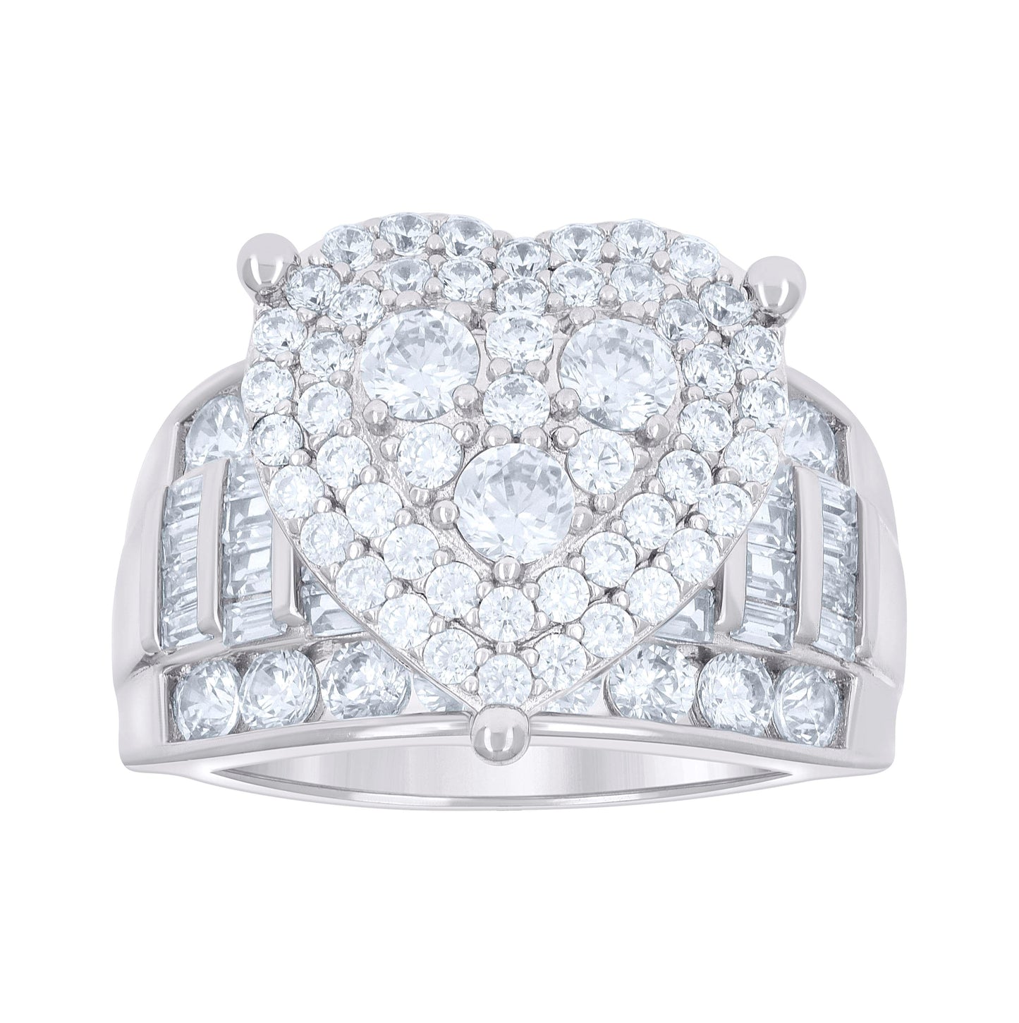Sterling Silver Women's Baguette Round Cubic-Zirconia Heart Bridal Anniversary Wedding Engagement Band Ring