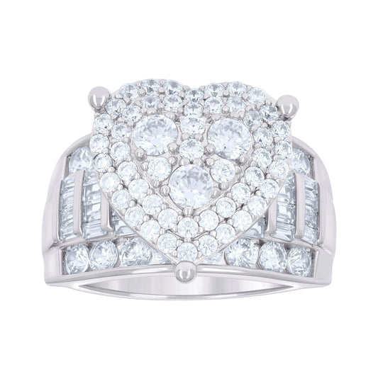 Sterling Silver Women's Baguette Round Cubic-Zirconia Heart Bridal Anniversary Wedding Engagement Band Ring