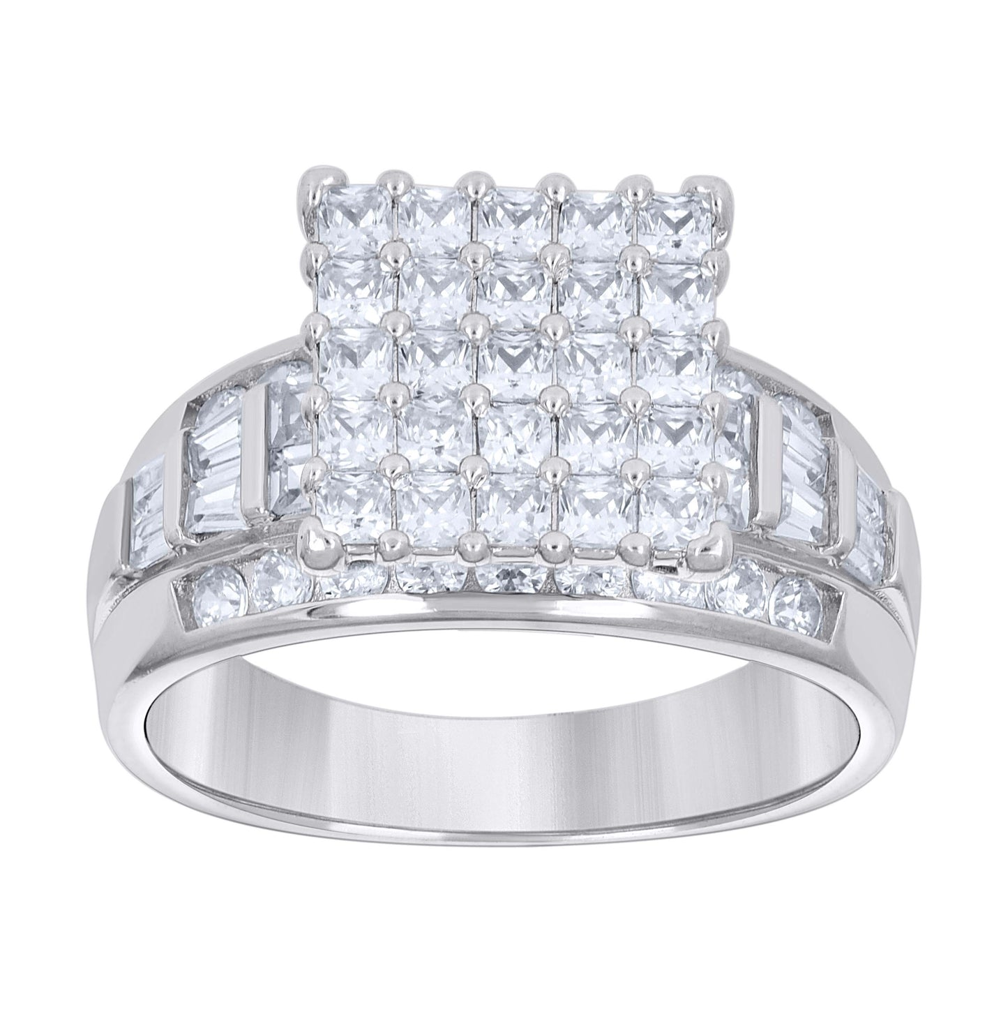 Sterling Silver Women's Baguette/Princess-Cut Round Cubic-Zirconia Square Head Fashion Bridal Anniversary Wedding Engagement Band Ring