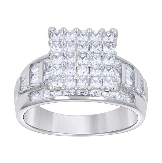 Sterling Silver Women's Baguette/Princess-Cut Round Cubic-Zirconia Square Head Fashion Bridal Anniversary Wedding Engagement Band Ring