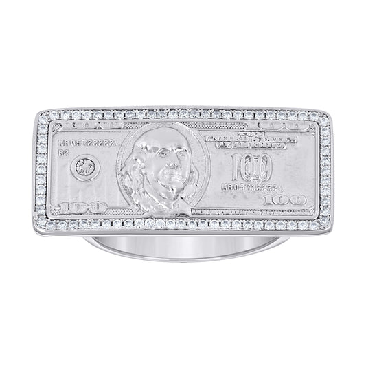 Sterling Silver Mens Cubic-Zirconia 100 Dollar Bill Currency Fashion Bridal Anniversary Wedding Engagement Band Ring
