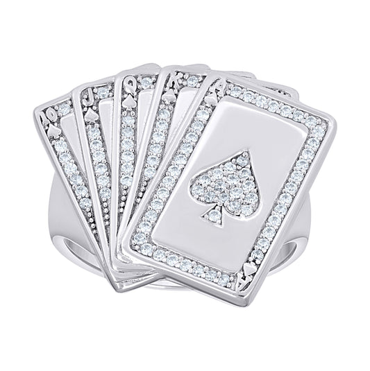 Sterling Silver Mens Cubic-Zirconia Poker Cards Gambling Bridal Anniversary Wedding Engagement Band Ring
