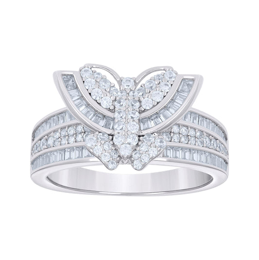 Sterling Silver Womens Baguette Round Cubic-Zirconia Butterfly Bridal Anniversary Wedding Engagement Band Ring
