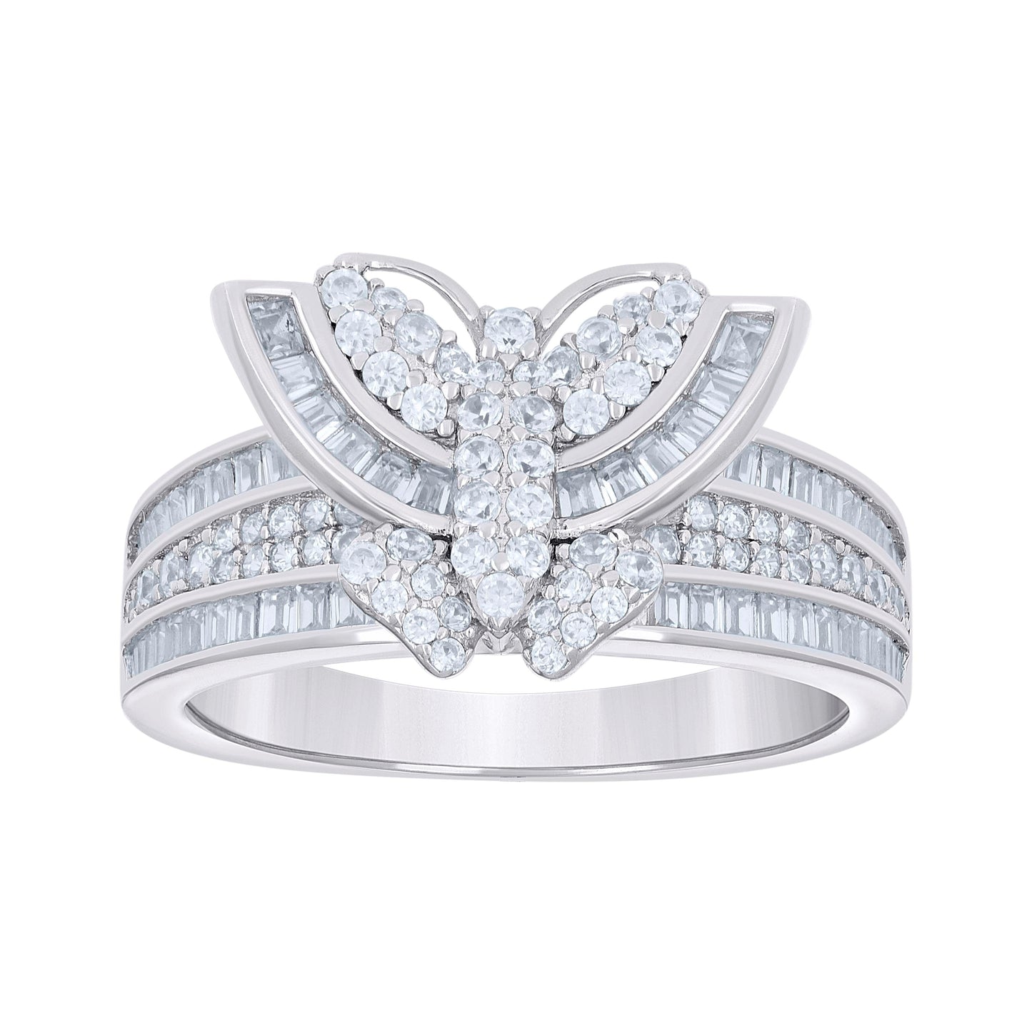 Sterling Silver Womens Baguette Round Cubic-Zirconia Butterfly Bridal Anniversary Wedding Engagement Band Ring