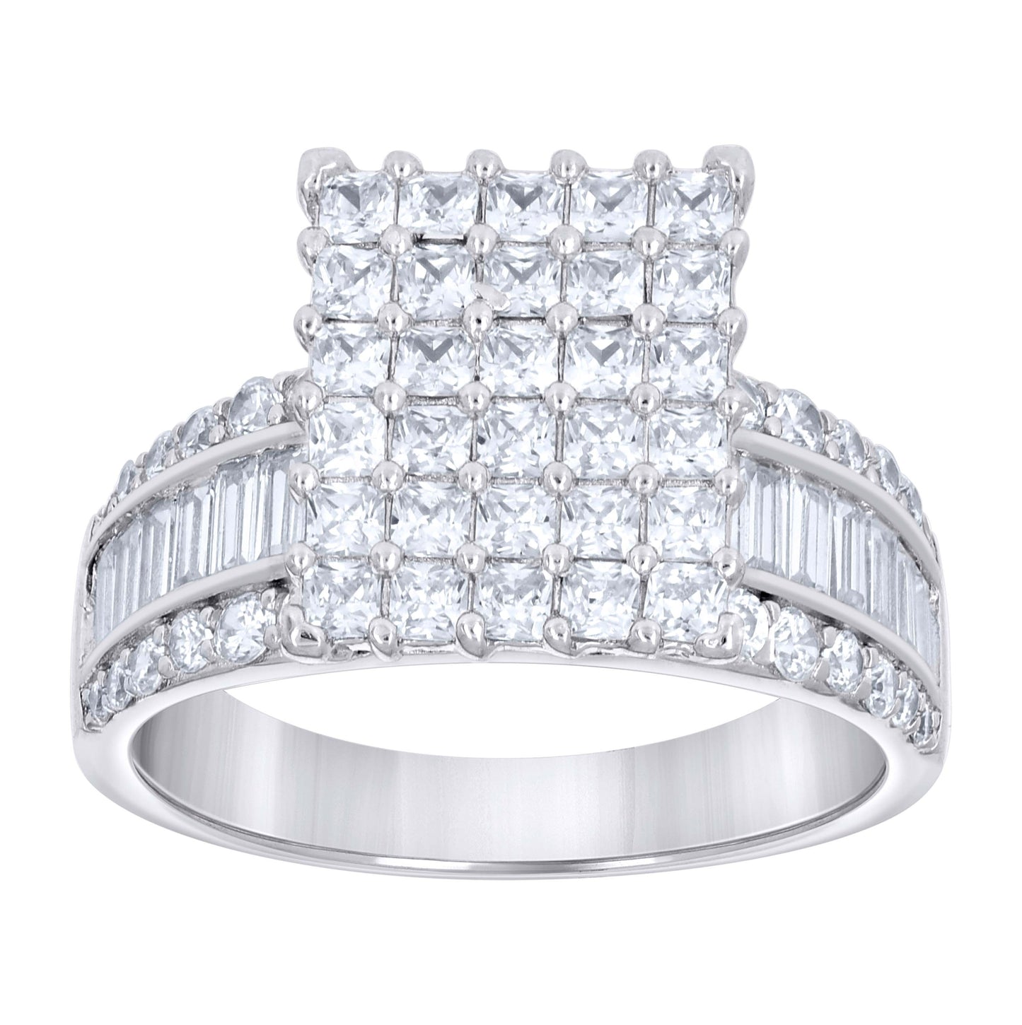 Sterling Silver Womens Baguette/Princess-Cut Round Cubic-Zirconia Square Head Fashion Bridal Anniversary Wedding Engagement Band Ring