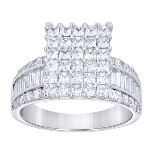 Sterling Silver Womens Baguette/Princess-Cut Round Cubic-Zirconia Square Head Fashion Bridal Anniversary Wedding Engagement Band Ring
