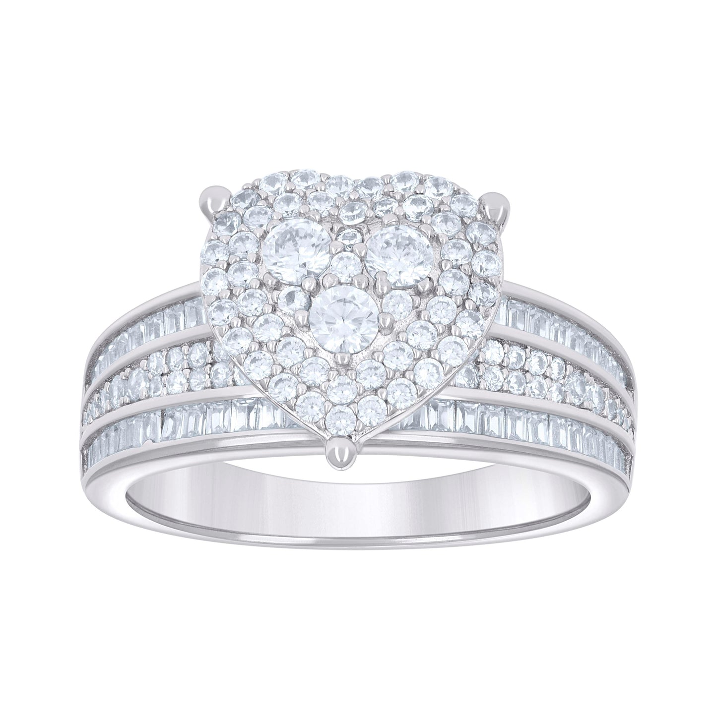 Sterling Silver Women's Baguette Round Cubic-Zirconia Heart Bridal Anniversary Wedding Engagement Band Ring