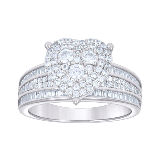 Sterling Silver Women's Baguette Round Cubic-Zirconia Heart Bridal Anniversary Wedding Engagement Band Ring