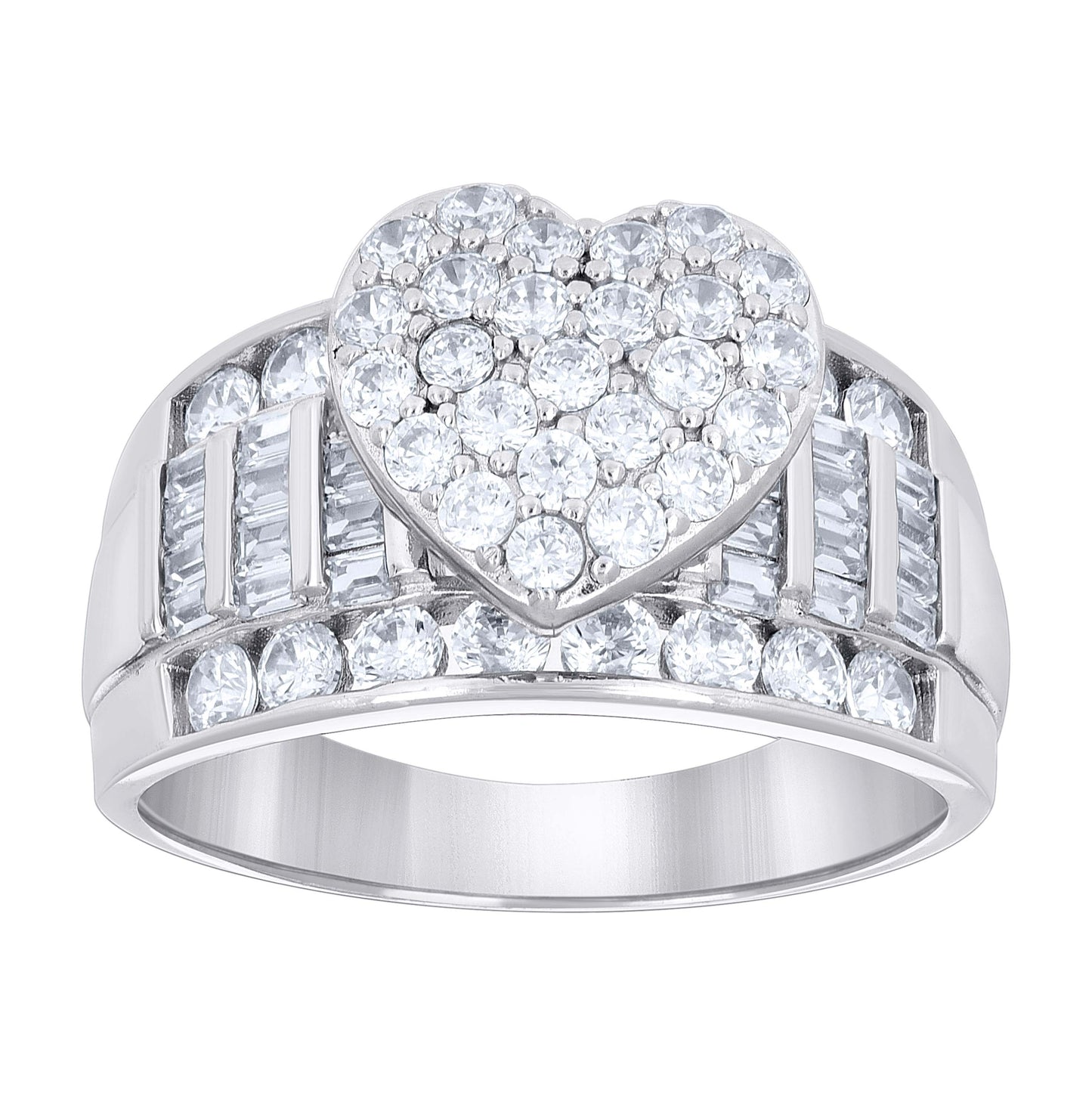 Sterling Silver Womens Baguette Round Cubic-Zirconia Love Heart Bridal Anniversary Wedding Engagement Band Ring