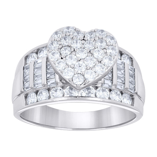 Sterling Silver Womens Baguette Round Cubic-Zirconia Love Heart Bridal Anniversary Wedding Engagement Band Ring