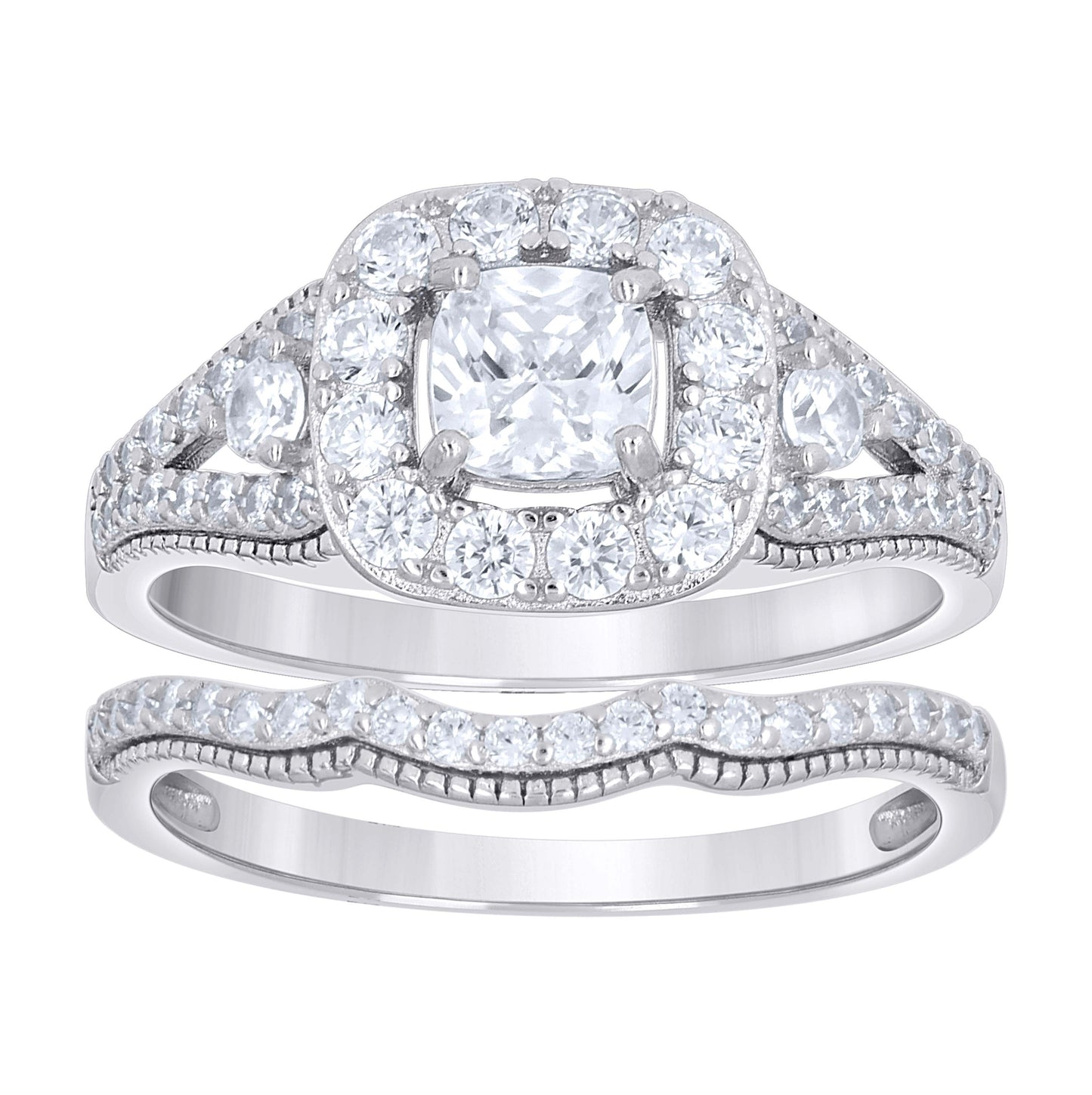 Sterling Silver Womens Cushion-Cut Round Cubic-Zirconia Duo Bridal Anniversary Engagement Wedding Ring Set