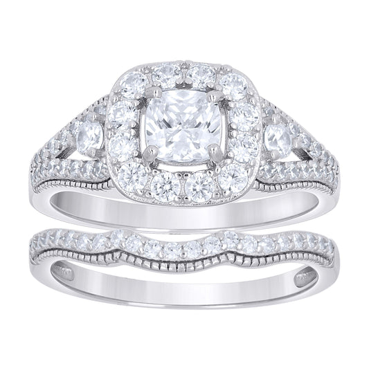 Sterling Silver Womens Cushion-Cut Round Cubic-Zirconia Duo Bridal Anniversary Engagement Wedding Ring Set