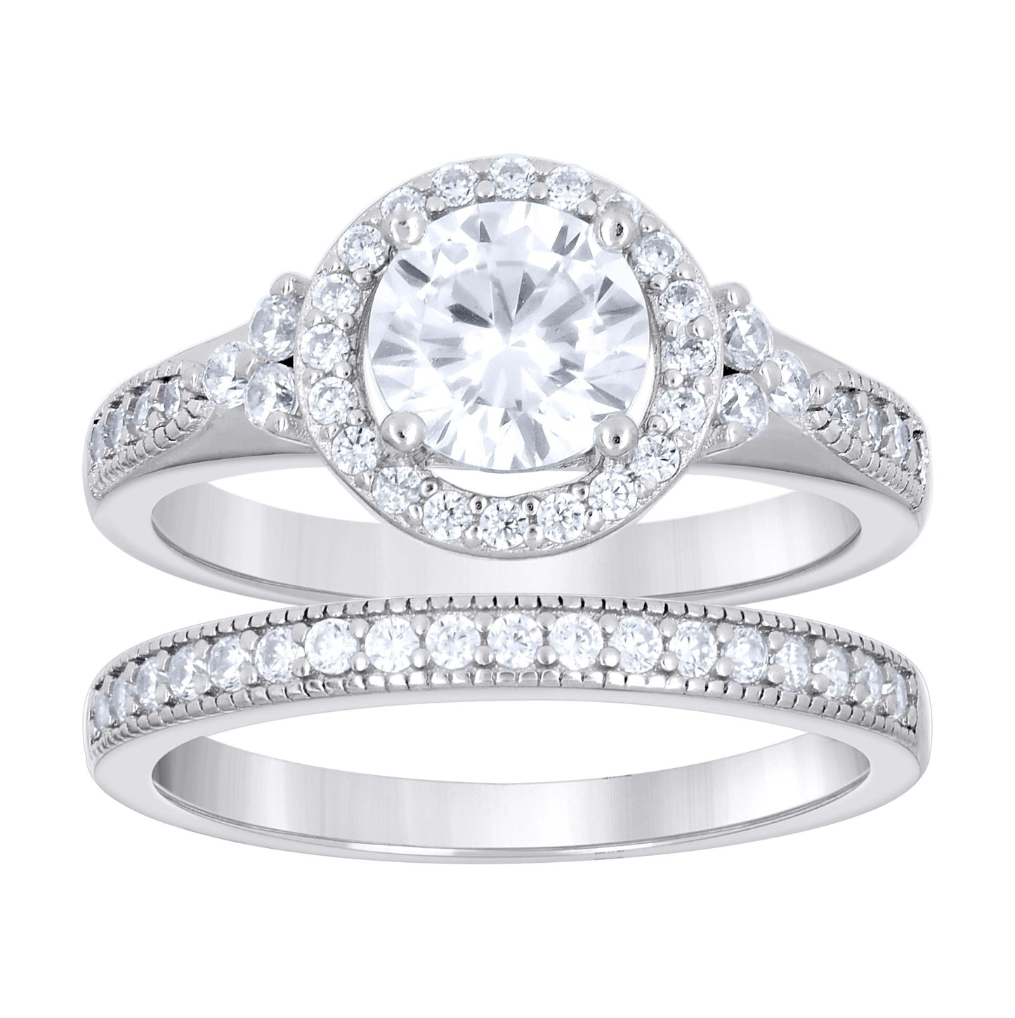 Sterling Silver Womens Cubic-Zirconia Halo Duo Bridal Anniversary Wedding Engagement Band Ring Set