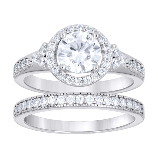 Sterling Silver Womens Cubic-Zirconia Halo Duo Bridal Anniversary Wedding Engagement Band Ring Set