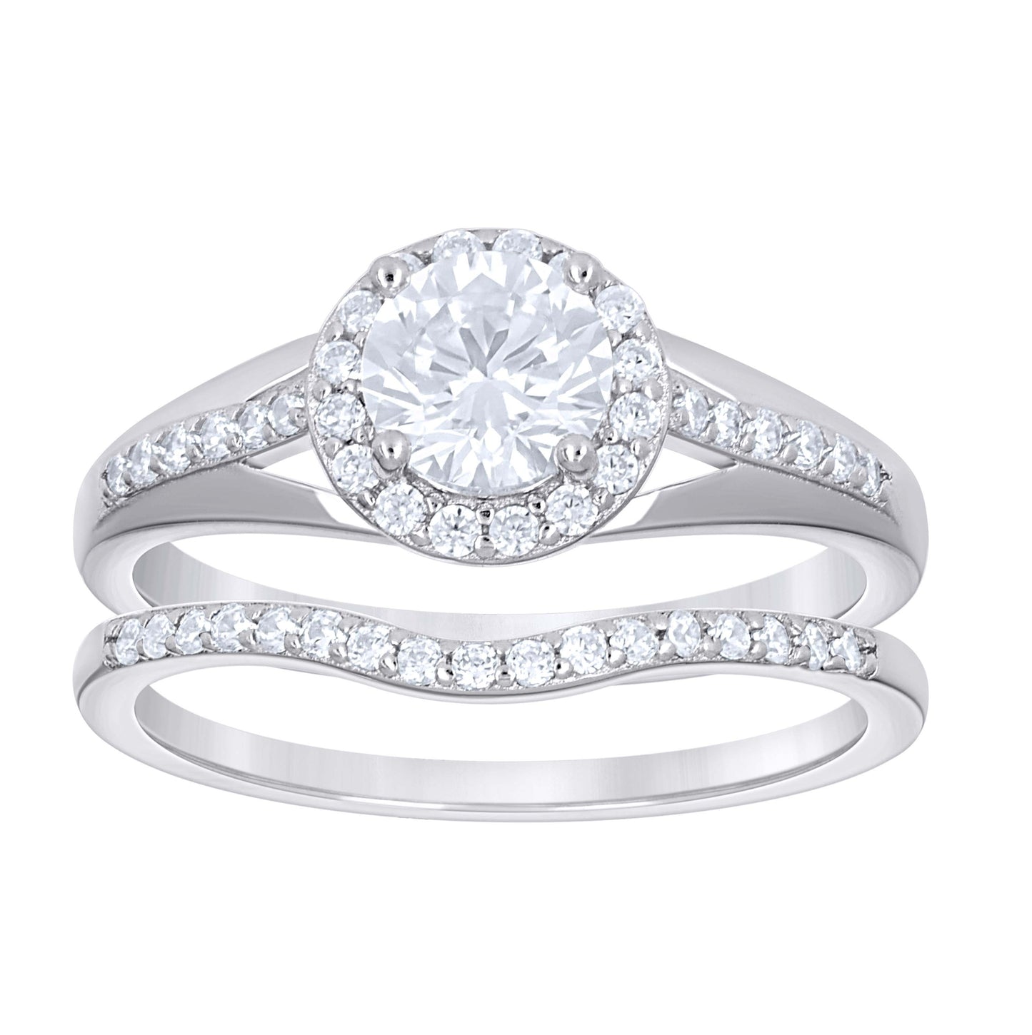 Sterling Silver Women's Cubic-Zirconia Halo Duo Bridal Anniversary Wedding Engagement Band Ring Set