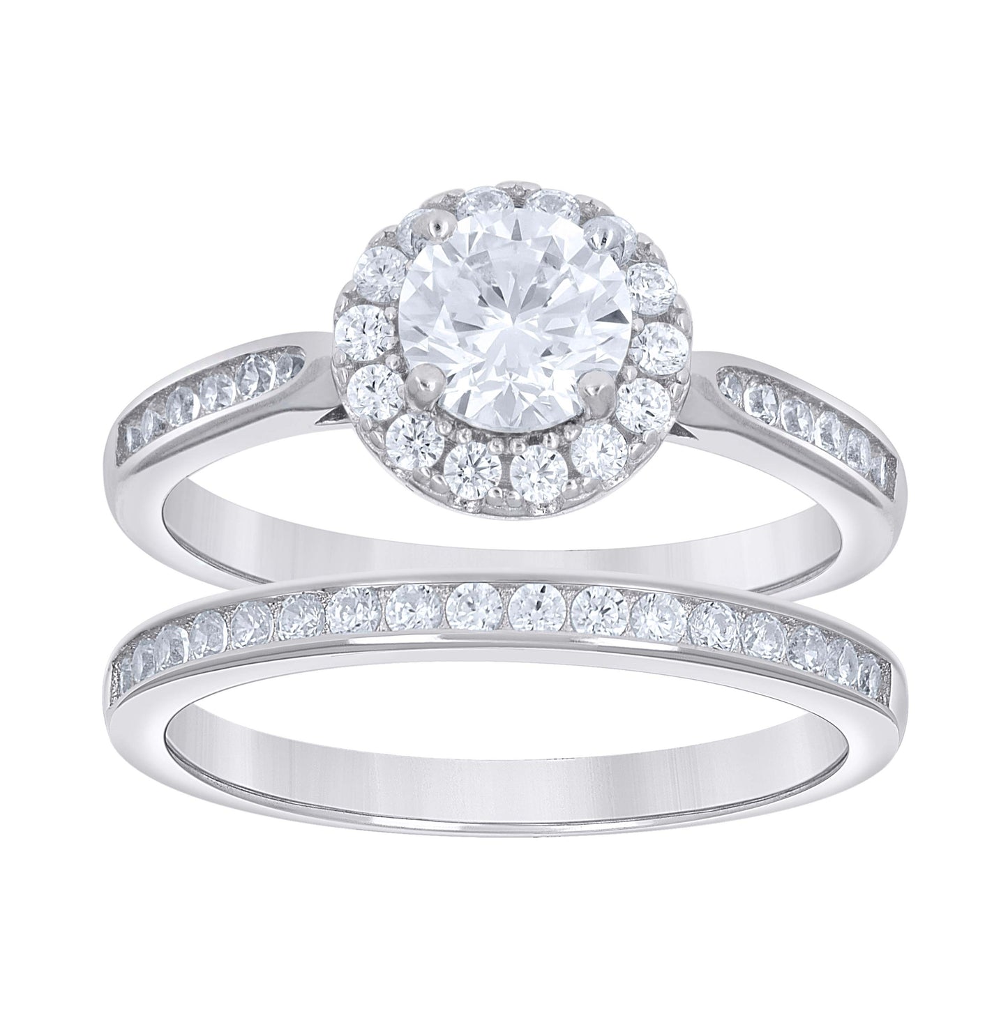 Sterling Silver Women's Cubic-Zirconia Halo Duo Bridal Anniversary Wedding Engagement Band Ring Set