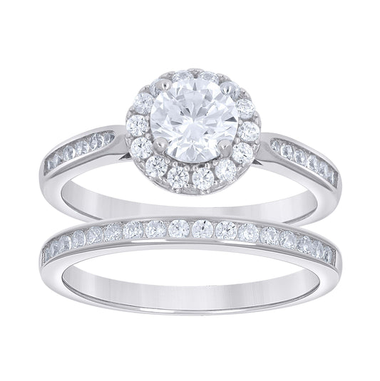 Sterling Silver Women's Cubic-Zirconia Halo Duo Bridal Anniversary Wedding Engagement Band Ring Set