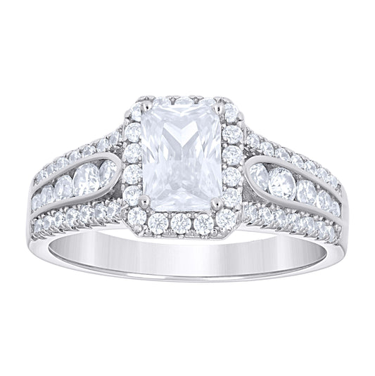 Sterling Silver Women's Emerald Round Cubic-Zirconia Rectangle Head Bridal Anniversary Engagement Wedding Ring