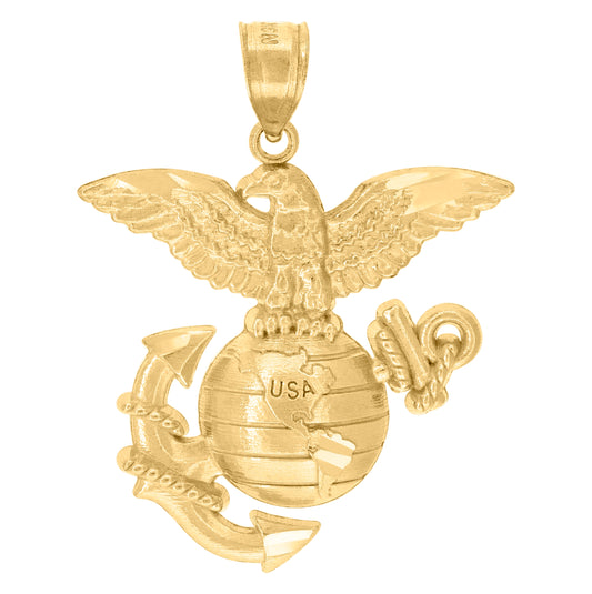10K Yellow Gold Unisex Us Marine Corps Eagle Globe Anchor Badge Charm Pendant