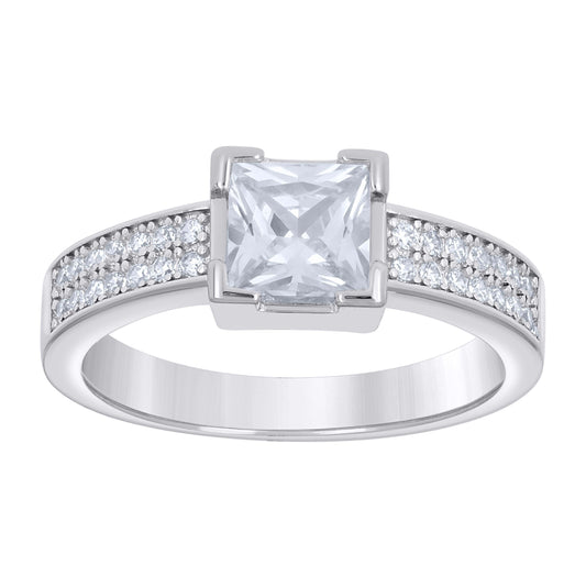 Sterling Silver Womens Princess-Cut Round Cubic-Zirconia Square Head Bridal Anniversary Engagement Wedding Ring