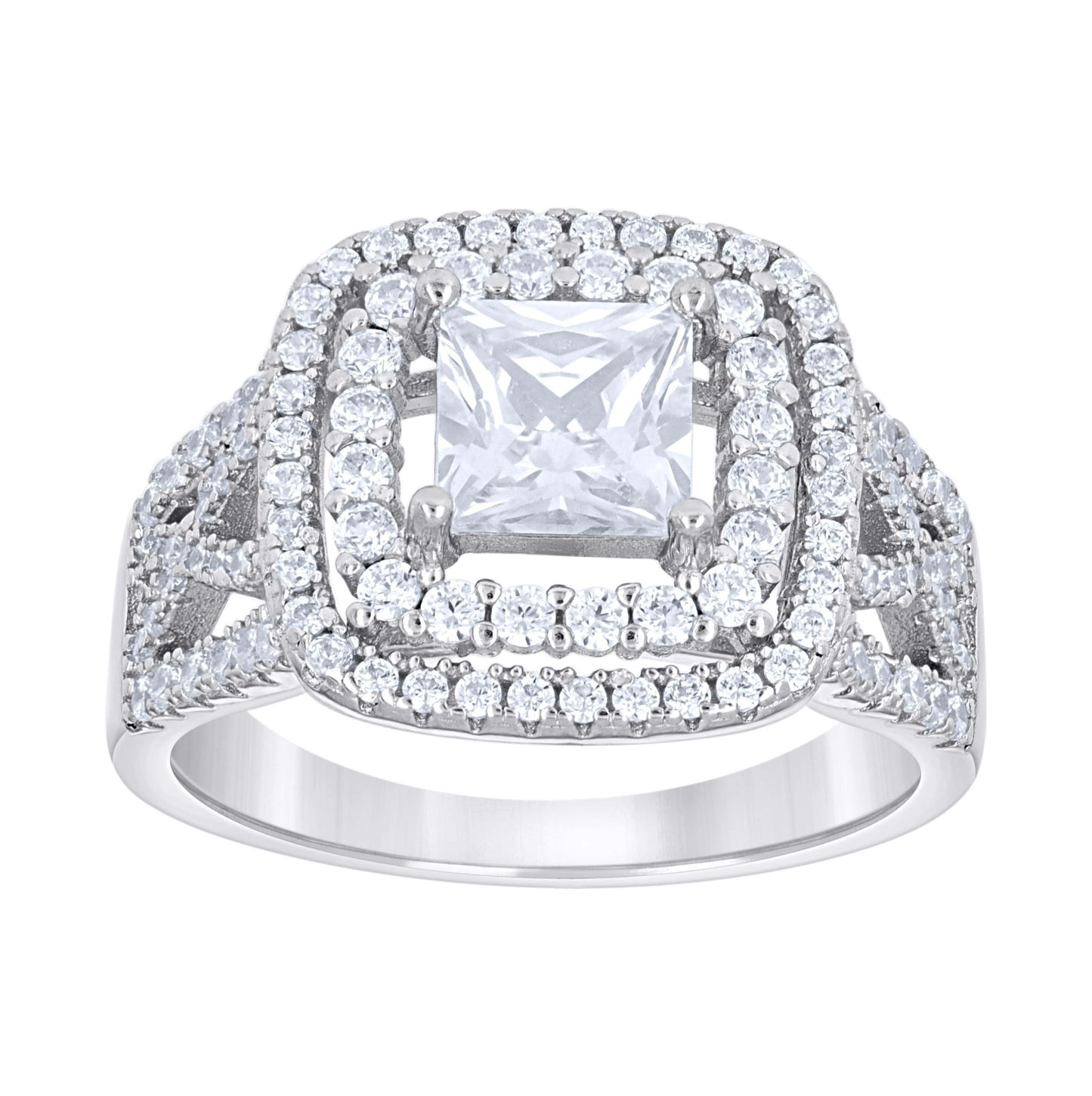 Sterling Silver Women's Princess-Cut Round Cubic-Zirconia Square Head Bridal Anniversary Engagement Wedding Ring