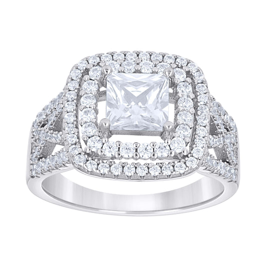 Sterling Silver Women's Princess-Cut Round Cubic-Zirconia Square Head Bridal Anniversary Engagement Wedding Ring