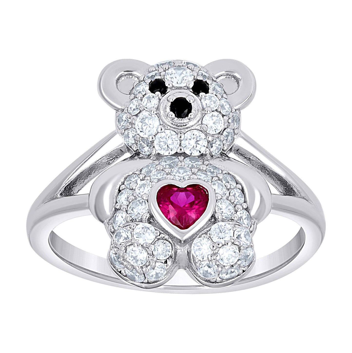 Sterling Silver Women's Black/Pink White Heart Round Cubic-Zirconia Teddy Bear Love Heart Bridal Anniversary Wedding Engagement Band Ring