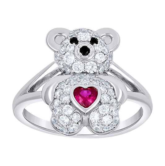 Sterling Silver Women's Black/Pink White Heart Round Cubic-Zirconia Teddy Bear Love Heart Bridal Anniversary Wedding Engagement Band Ring