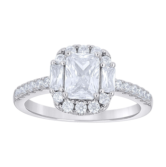 Sterling Silver Womens Emerald Baguette Round Cubic-Zirconia Fashion Bridal Anniversary Engagement Wedding Ring