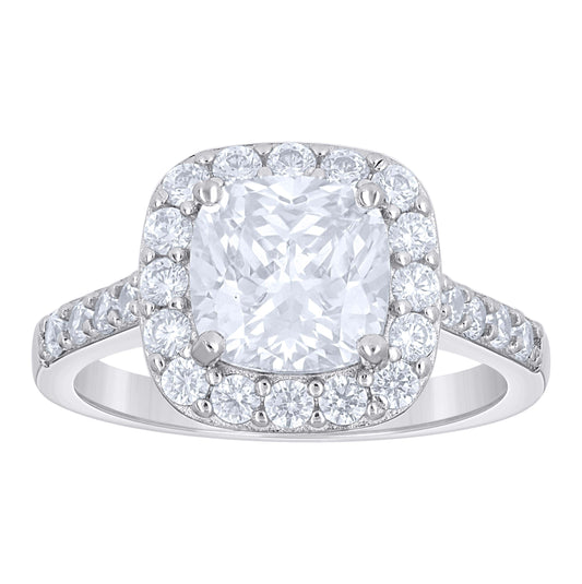 Sterling Silver Womens Cushion-Cut Round Cubic-Zirconia Halo Bridal Anniversary Engagement Wedding Ring