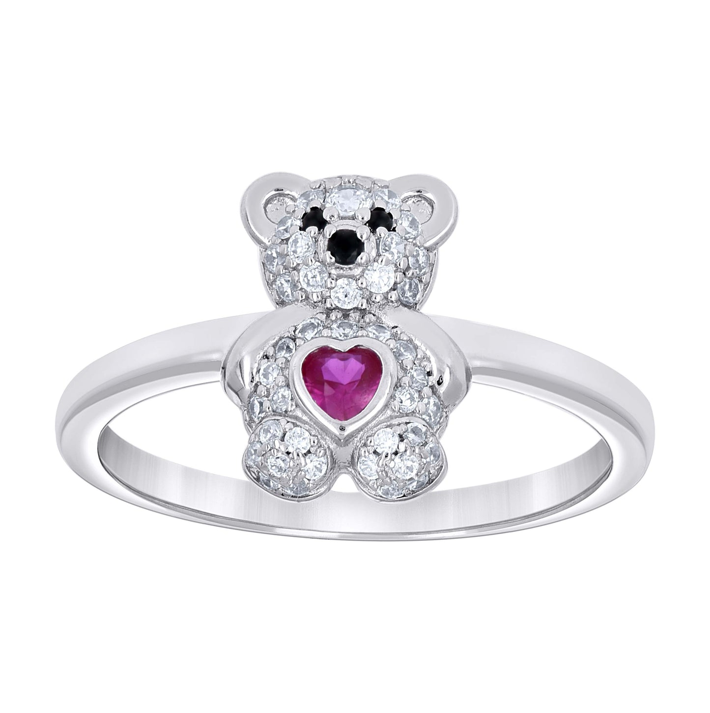 Sterling Silver Women's Black/Pink White Heart Round Cubic-Zirconia Teddy Bear Love Heart Bridal Anniversary Wedding Engagement Band Ring