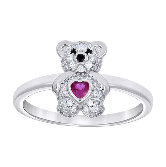 Sterling Silver Women's Black/Pink White Heart Round Cubic-Zirconia Teddy Bear Love Heart Bridal Anniversary Wedding Engagement Band Ring