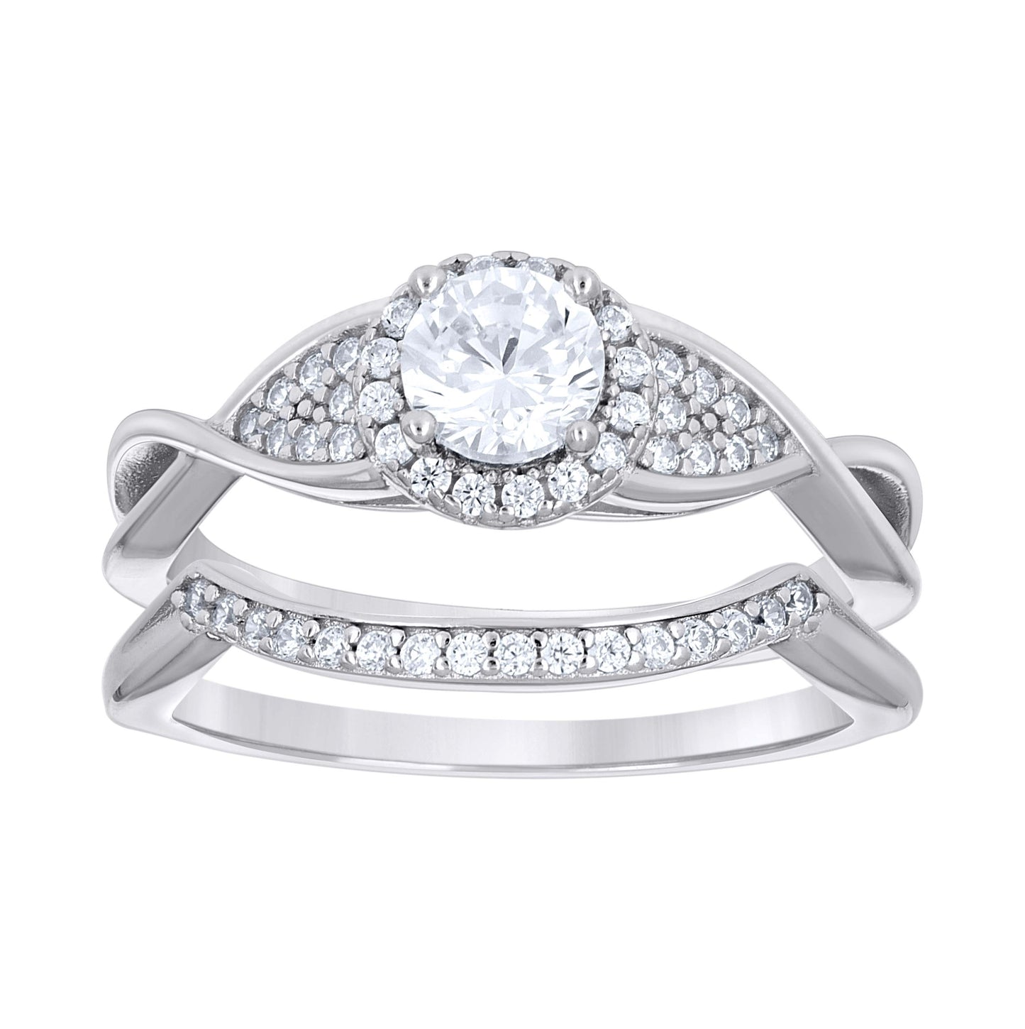 Sterling Silver Womens Cubic-Zirconia Halo Fashion Duo Bridal Anniversary Wedding Engagement Band Ring Set