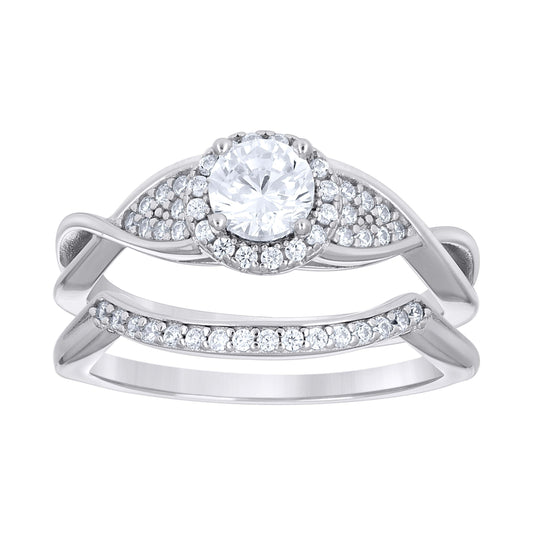 Sterling Silver Womens Cubic-Zirconia Halo Fashion Duo Bridal Anniversary Wedding Engagement Band Ring Set