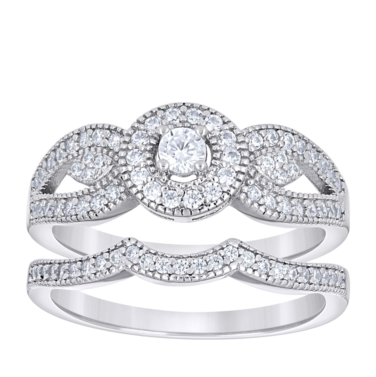 Sterling Silver Womens Cubic-Zirconia Duo Bridal Anniversary Engagement Wedding Ring Set