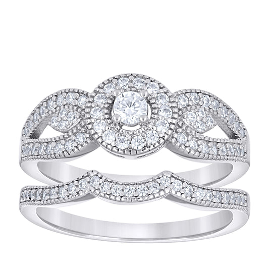 Sterling Silver Womens Cubic-Zirconia Duo Bridal Anniversary Engagement Wedding Ring Set
