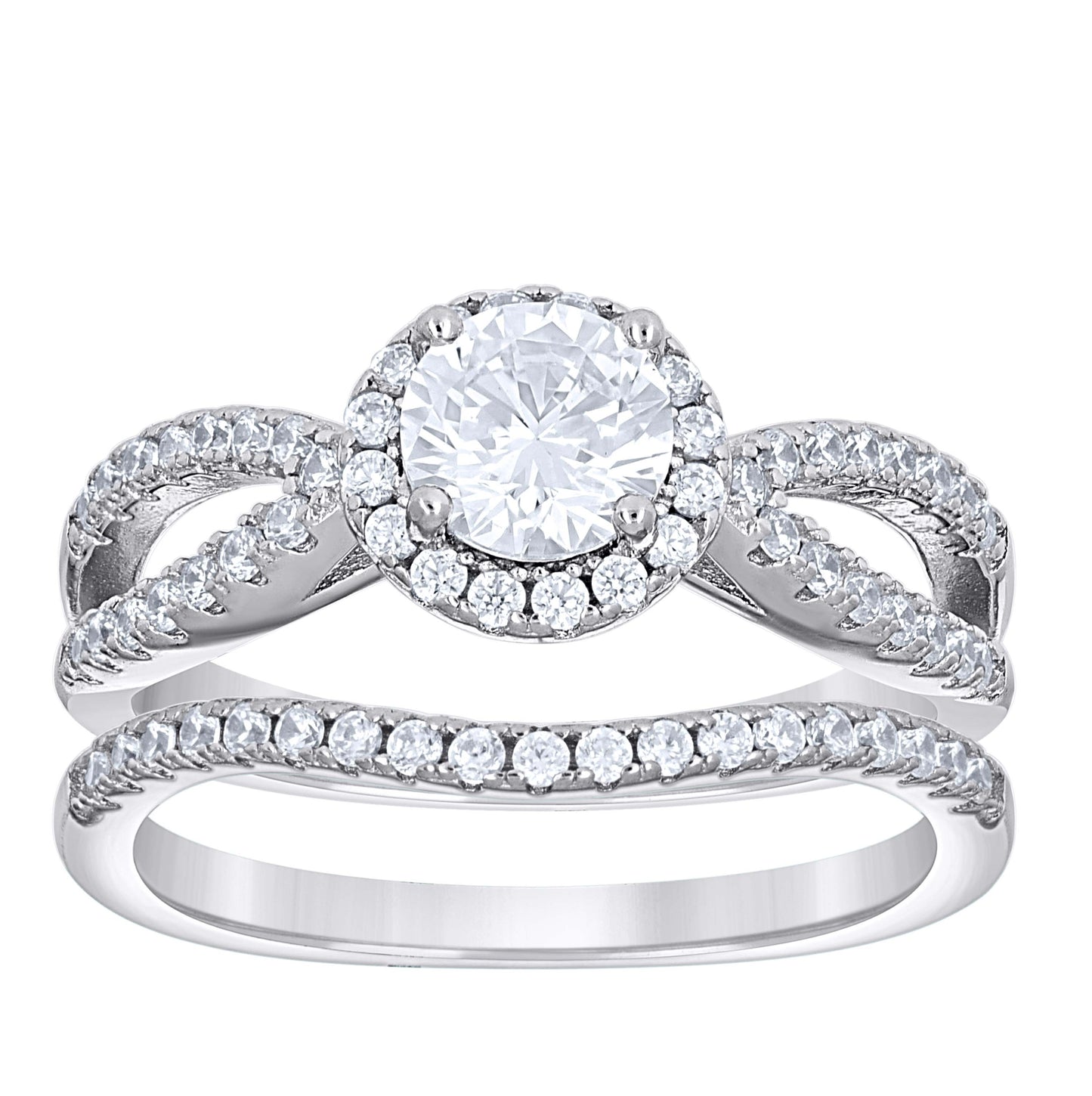 Sterling Silver Women's Cubic-Zirconia Duo Bridal Anniversary Engagement Wedding Ring Set