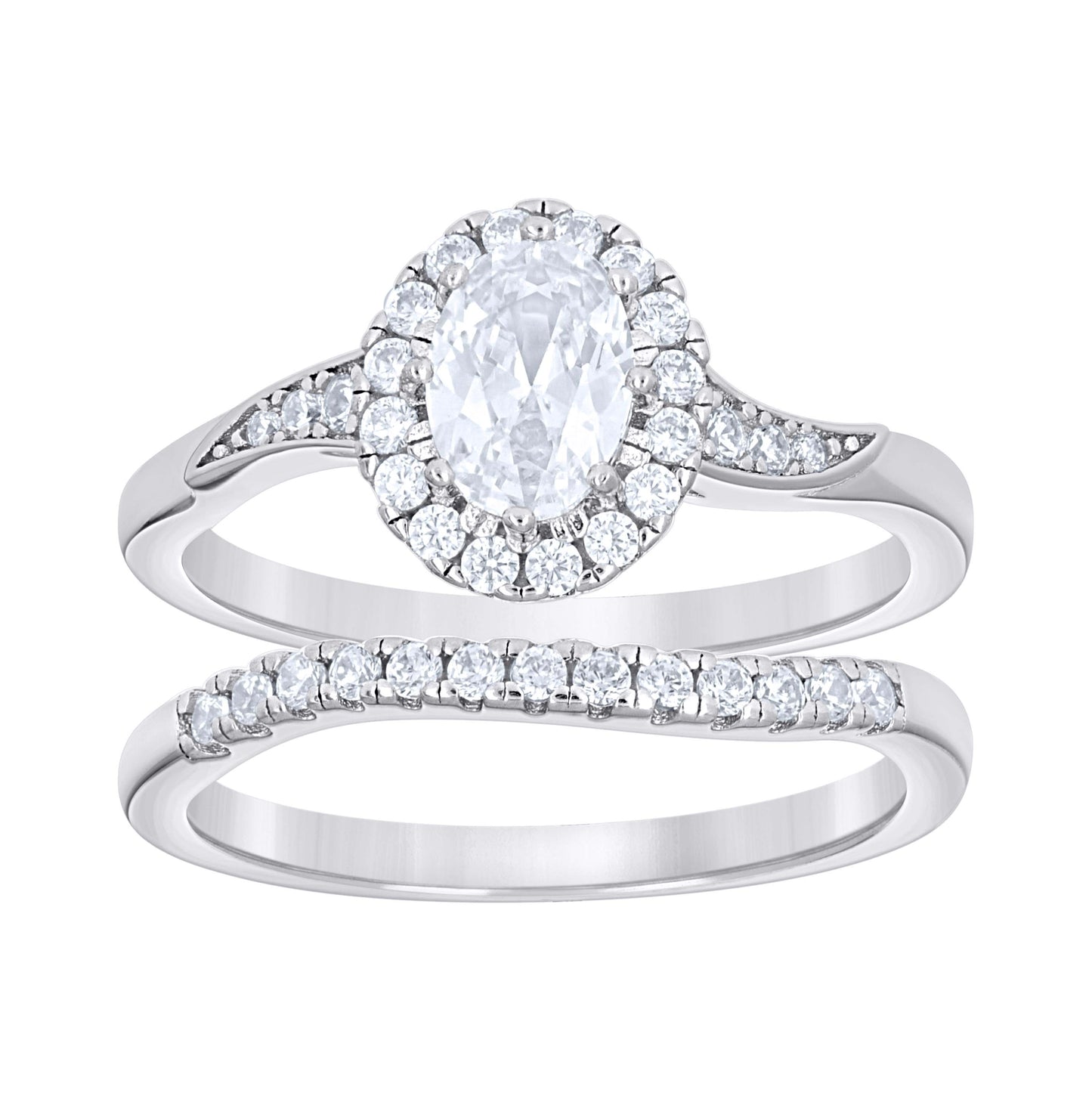 Sterling Silver Womens Oval Round Cubic-Zirconia Halo Duo Bridal Anniversary Wedding Engagement Band Ring Set