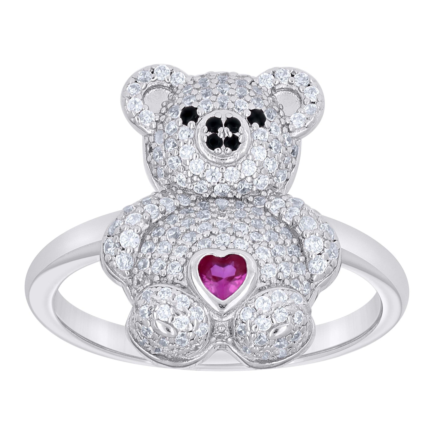 Sterling Silver Womens Black/Pink White Heart Round Cubic-Zirconia Teddy Bear Love Heart Bridal Anniversary Wedding Engagement Band Ring