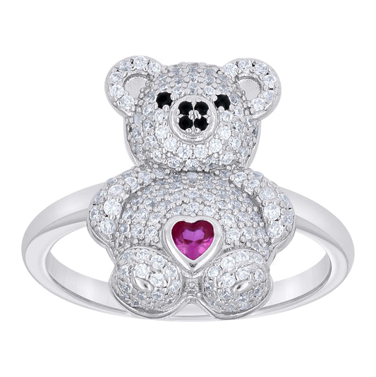 Sterling Silver Womens Black/Pink White Heart Round Cubic-Zirconia Teddy Bear Love Heart Bridal Anniversary Wedding Engagement Band Ring