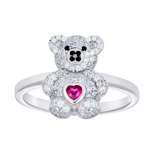 Sterling Silver Women's Black/Pink White Heart Round Cubic-Zirconia Teddy Bear Love Heart Bridal Anniversary Wedding Engagement Band Ring
