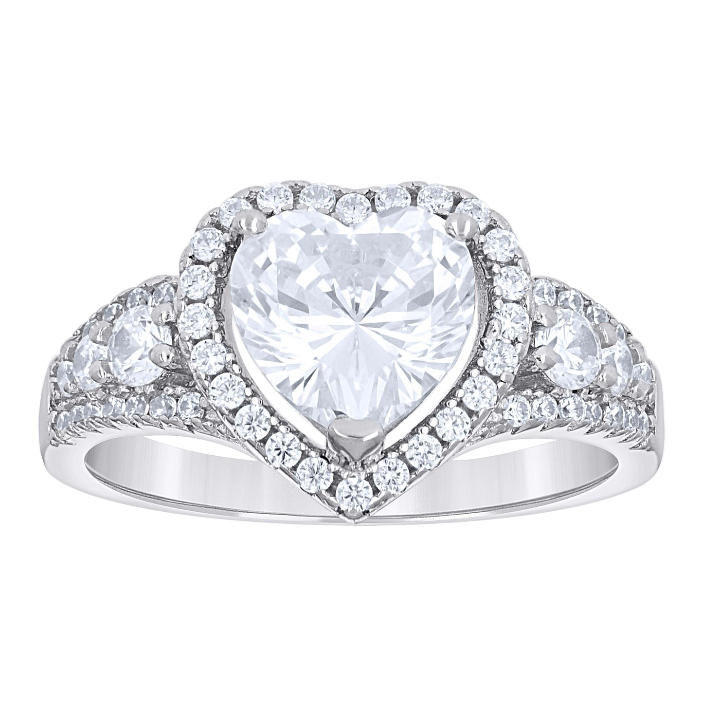 Sterling Silver Womens Heart Round Cubic-Zirconia Heart Bridal Anniversary Engagement Wedding Ring