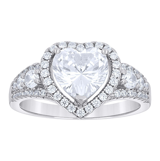 Sterling Silver Womens Heart Round Cubic-Zirconia Heart Bridal Anniversary Engagement Wedding Ring