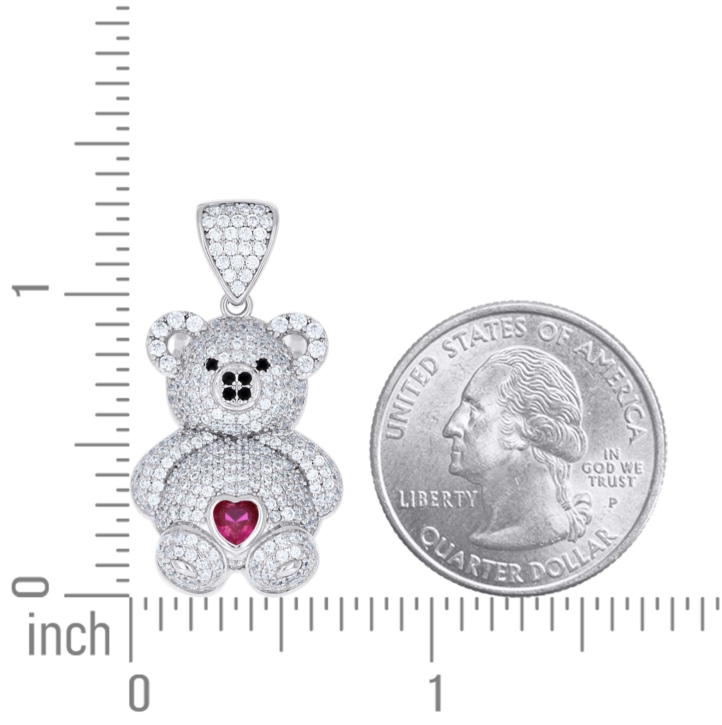 Sterling Silver Womens Black/Pink White Heart Round Cubic-Zirconia Teddy Bear Love Heart Charm Pendant