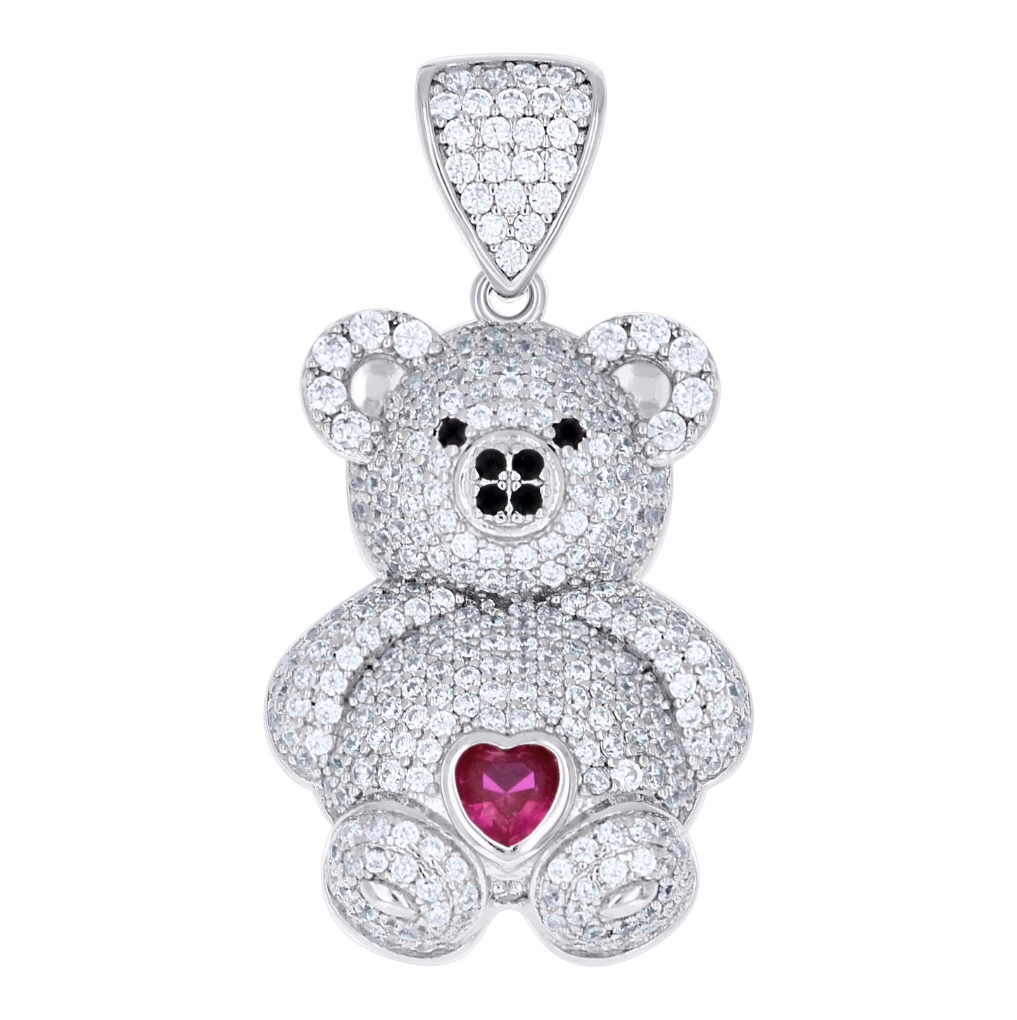 Sterling Silver Womens Black/Pink White Heart Round Cubic-Zirconia Teddy Bear Love Heart Charm Pendant