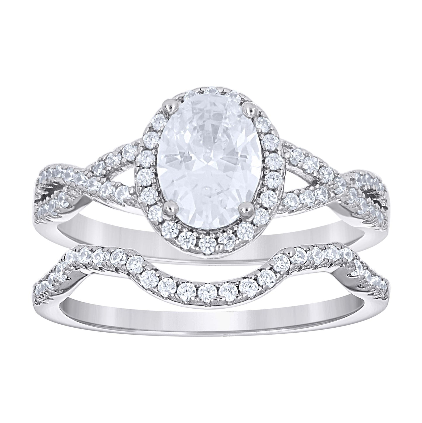 Sterling Silver Women's Oval Round Cubic-Zirconia Halo Duo Bridal Anniversary Wedding Engagement Band Ring Set